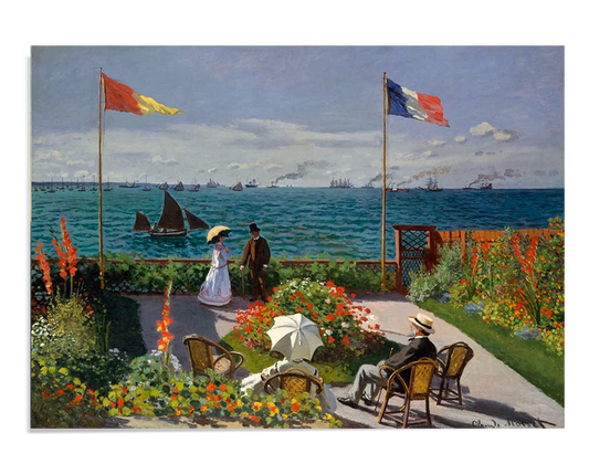  A garden overlooking the sea, with French and yellow-red flags flying high. People relax in wicker chairs while a couple strolls by. Sailboats float on the calm blue water, and bright flowers surround the patio