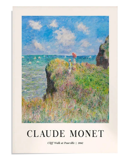A coastal cliff scene with wildflowers, where a woman with a red hat strolls along the edge. The vast blue sea stretches out, dotted with white sails, while a bright sky filled with clouds completes the peaceful landscape.
