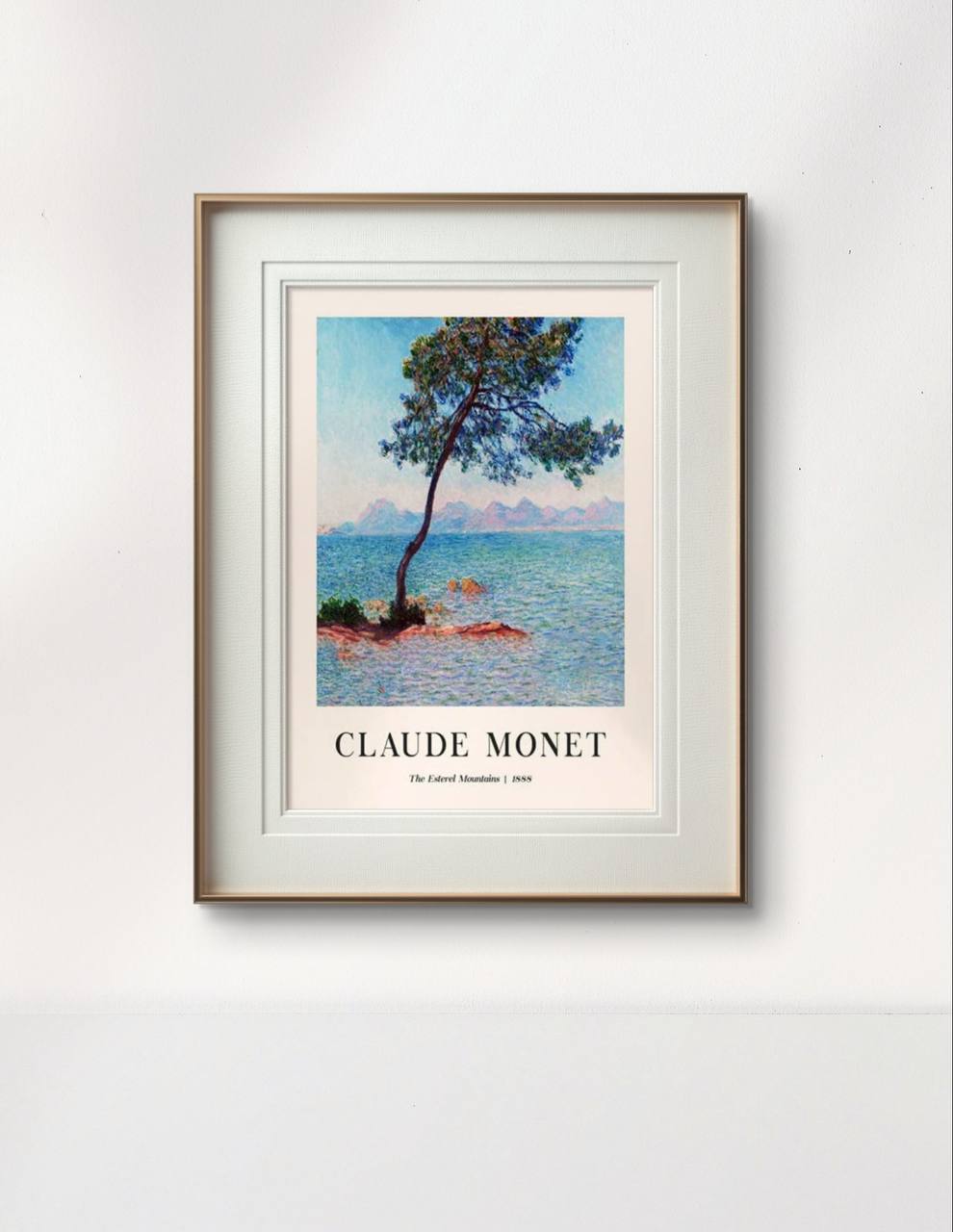 The same landscape painting is framed in a simple wooden frame with white matting. The solitary tree and distant mountains create a peaceful and picturesque view of nature.