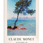 A serene coastal scene of a single tree leaning towards the sea, with distant mountains on the horizon. The vibrant blues of the water and sky contrast with the warm reds of the rocky shore.