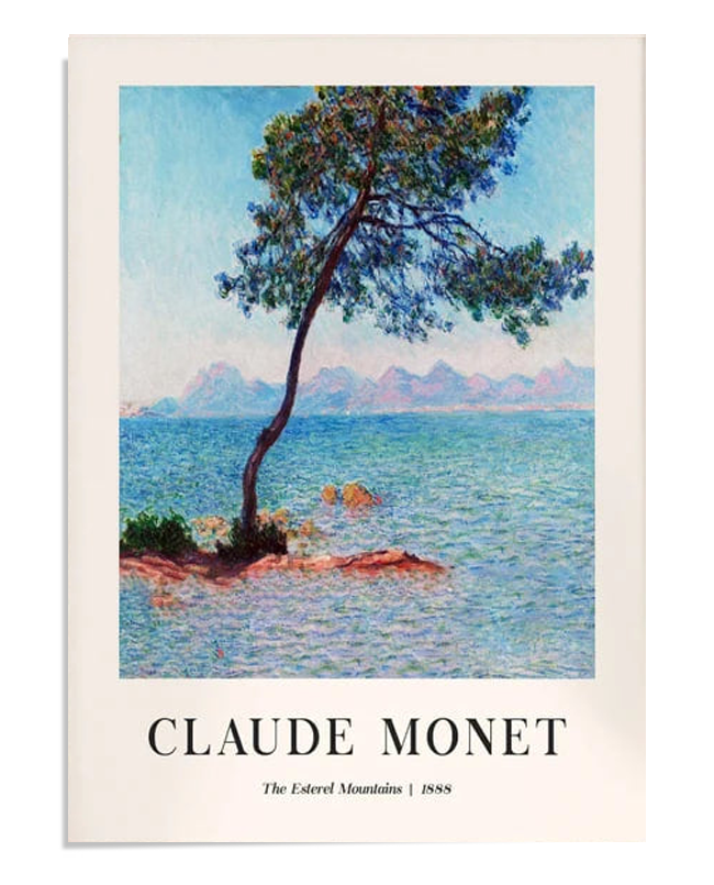 A serene coastal scene of a single tree leaning towards the sea, with distant mountains on the horizon. The vibrant blues of the water and sky contrast with the warm reds of the rocky shore.