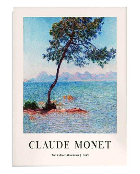 A serene coastal scene of a single tree leaning towards the sea, with distant mountains on the horizon. The vibrant blues of the water and sky contrast with the warm reds of the rocky shore.