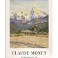 A majestic view of snow-capped mountains overlooking a green valley. The soft purple and white hues of the peaks contrast beautifully with the natural greenery below, creating a peaceful and grand landscape.