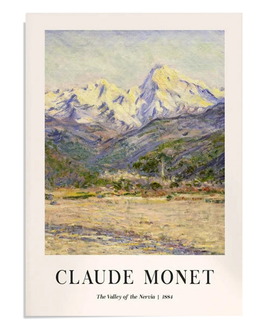 A majestic view of snow-capped mountains overlooking a green valley. The soft purple and white hues of the peaks contrast beautifully with the natural greenery below, creating a peaceful and grand landscape.
