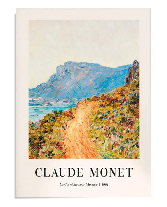 A colorful landscape showing a vibrant path leading through a rocky, floral hillside. The blue mountains and sea in the background contrast with the bright orange and red hues of the path, creating a lively and inviting scene.