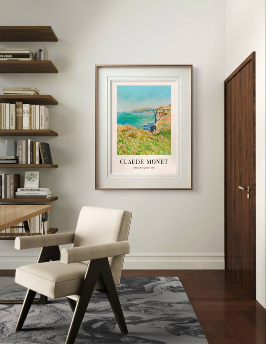 This framed coastal scene is beautifully displayed in a modern room, with sunlight streaming in. The bright blues and greens of the painting enhance the natural, serene atmosphere of the room, creating a tranquil space.