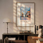 The framed painting features the rocky seaside cliffs of Étretat, with the Rock Needle and the natural arch as central figures. The warm tones of the sea and sky create a harmonious display in the room's calming environment.