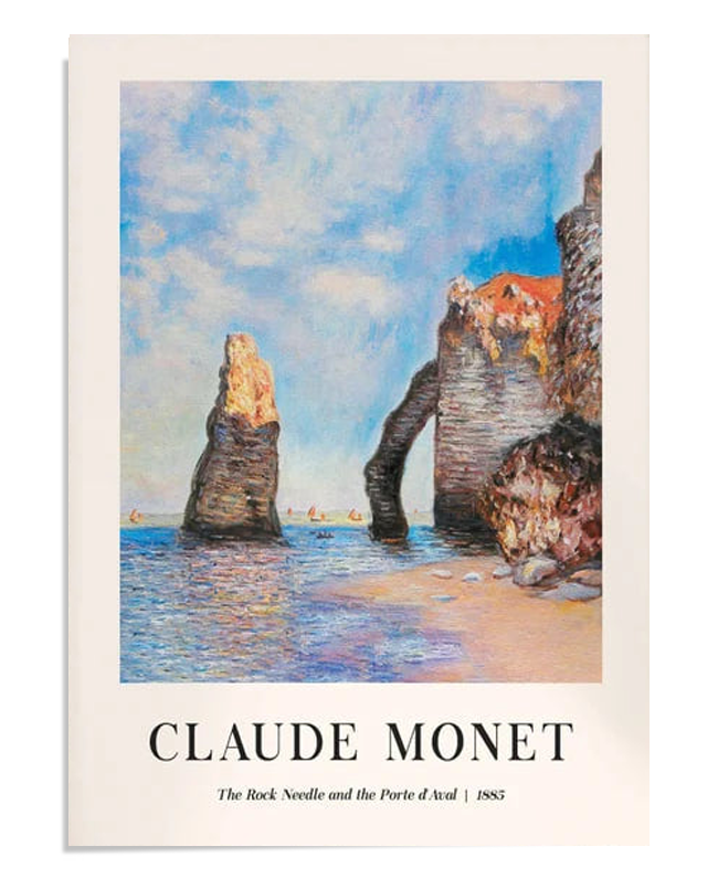A stunning coastal scene showcasing the Rock Needle and the Porte d'Aval at Étretat. The iconic natural formations are bathed in sunlight, with gentle waves and distant sailboats adding to the idyllic atmosphere.