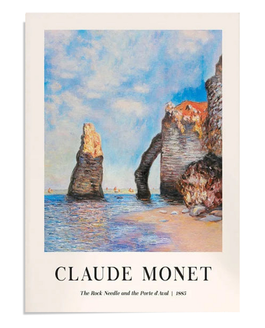 A stunning coastal scene showcasing the Rock Needle and the Porte d'Aval at Étretat. The iconic natural formations are bathed in sunlight, with gentle waves and distant sailboats adding to the idyllic atmosphere.