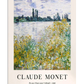 A vibrant view of lush green plants and flowers near a tranquil river, with distant trees lining the opposite shore. The soft brushstrokes give the scene a peaceful, dreamlike quality.