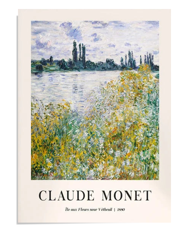A vibrant view of lush green plants and flowers near a tranquil river, with distant trees lining the opposite shore. The soft brushstrokes give the scene a peaceful, dreamlike quality.