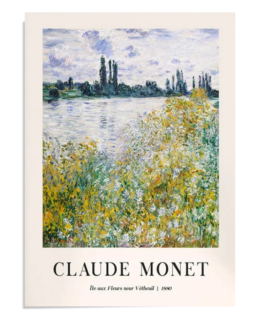 A vibrant view of lush green plants and flowers near a tranquil river, with distant trees lining the opposite shore. The soft brushstrokes give the scene a peaceful, dreamlike quality.