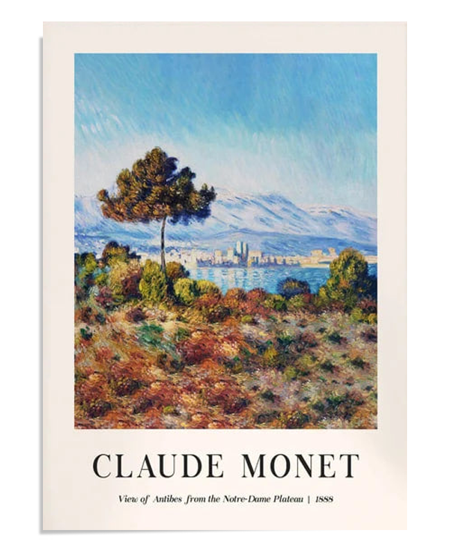 A colorful depiction of Antibes as seen from the Notre-Dame Plateau in 1888. The bright blue sky contrasts with the soft, warm hues of the vegetation and the distant cityscape, creating a vivid coastal scene.
