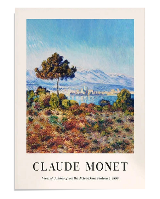 A colorful depiction of Antibes as seen from the Notre-Dame Plateau in 1888. The bright blue sky contrasts with the soft, warm hues of the vegetation and the distant cityscape, creating a vivid coastal scene.