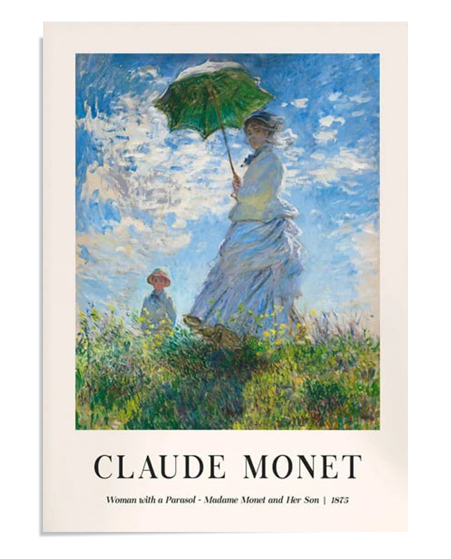 A vibrant scene of Madame Monet holding a green parasol, with her son standing in the background. The painting captures the movement of the wind in the grass and the flow of the dress, against a backdrop of a bright sky filled with clouds.