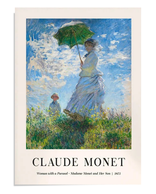  A vibrant scene of Madame Monet holding a green parasol, with her son standing in the background. The painting captures the movement of the wind in the grass and the flow of the dress, against a backdrop of a bright sky filled with clouds.