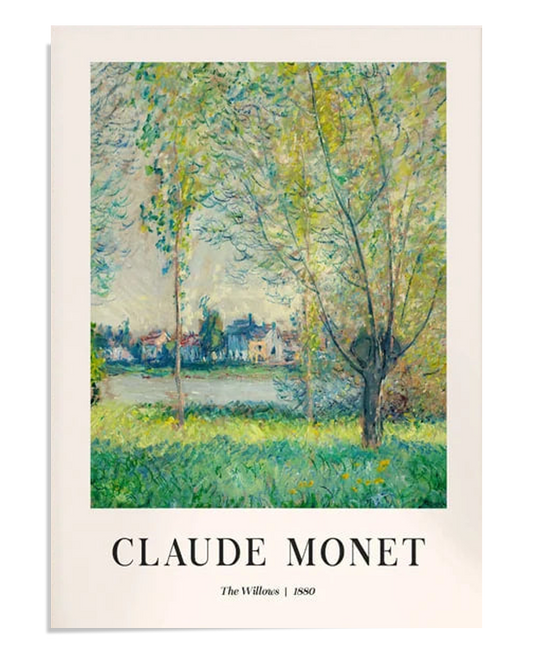  A peaceful scene of lush green willows by the river, with houses and a quiet village in the background. The bright greenery and soft lighting evoke a calm, serene atmosphere, with Monet’s brushstrokes bringing life to the landscape.