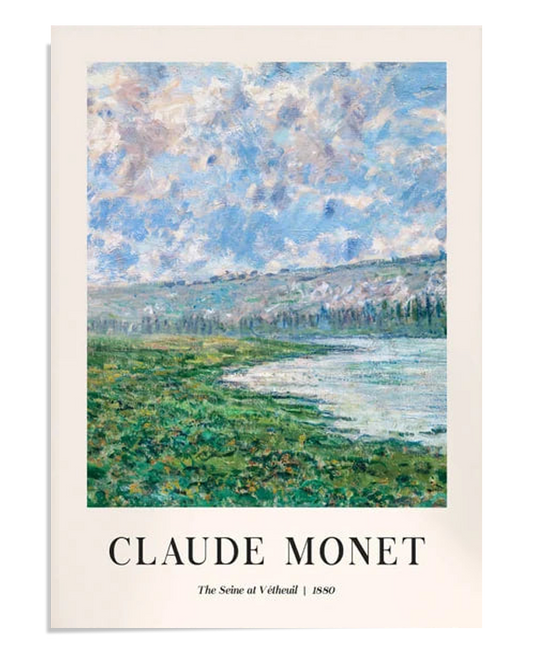 A Claude Monet poster showcasing a vibrant landscape along the Seine at Vétheuil. The vivid green foreground contrasts with a soft, blue sky full of dynamic clouds, typical of Monet's impressionistic style.