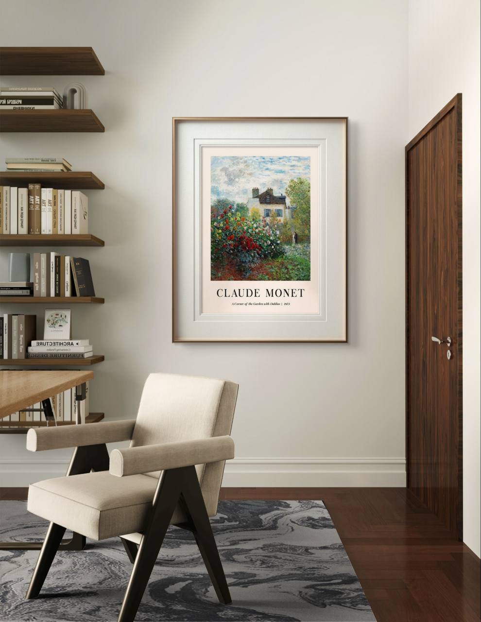 This framed artwork of the dahlia garden, set in a minimalist wooden frame, is showcased in a modern room. The rich reds and greens from the flowers create a bright and fresh atmosphere.