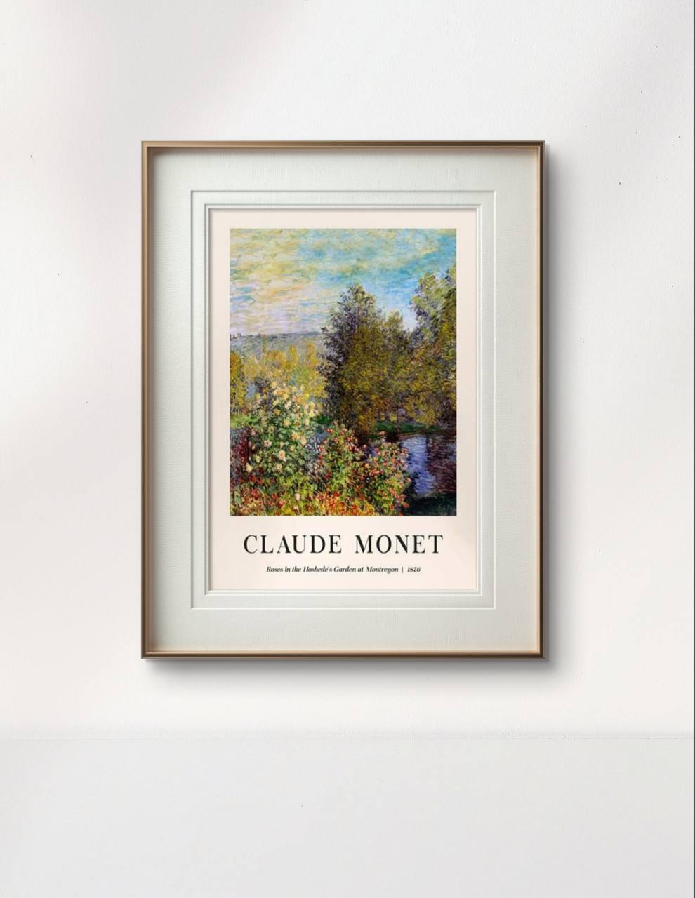 The framed Monet painting "Roses in the Hoshede's Garden" is displayed on a white wall, with its rich colors of greenery and flowers bringing life and nature into the minimalist space.