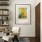  This Monet poster, "The Path through the Irises," is framed and hanging in a peaceful, modern room above a chair and bookshelf. The room is softly lit, highlighting the natural beauty of the artwork.