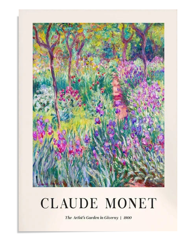 Claude Monet's "The Artist's Garden in Giverny" features a vibrant garden with blooming flowers in shades of purple, pink, and yellow, framed by tree branches and a meandering path. The title reads "Claude Monet – The Artist's Garden in Giverny | 1900.