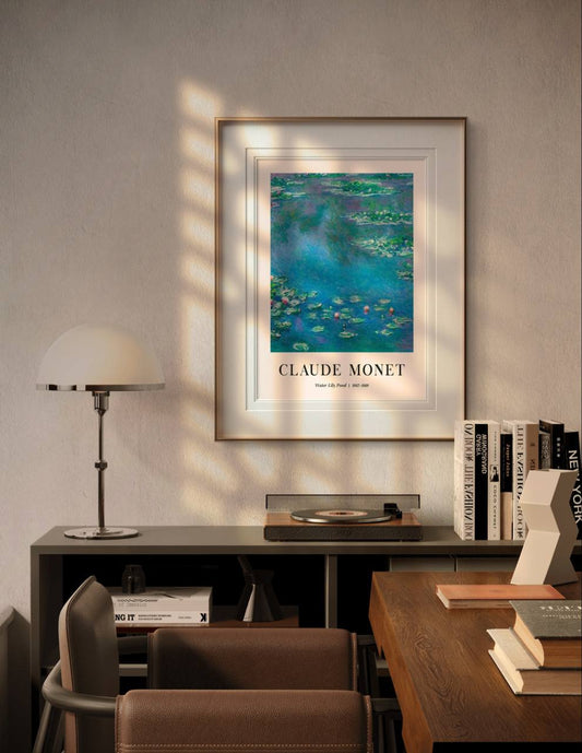 This framed Monet poster, "Water Lily Pond," hangs in a softly lit modern room, its calming blue hues and delicate lily pads providing a peaceful, artistic ambiance.