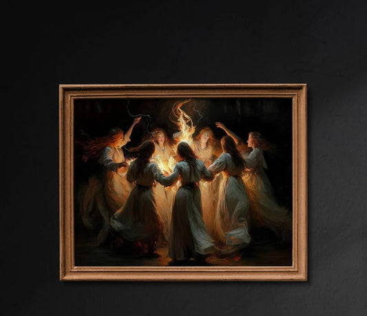 Fire Dance Wall Art, Nymphs Witches Dancing, Gothic Painting, Dark Academia, Vintage Painting, Moody Fun Print, Art Poster Print - G336