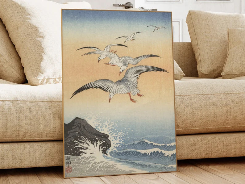 Five Seagulls Above Turbulent Sea, Ohara Koson, Famous Painting, Classic Painting, Museum Quality Print, Vintage Wall Art, Vintage Print
