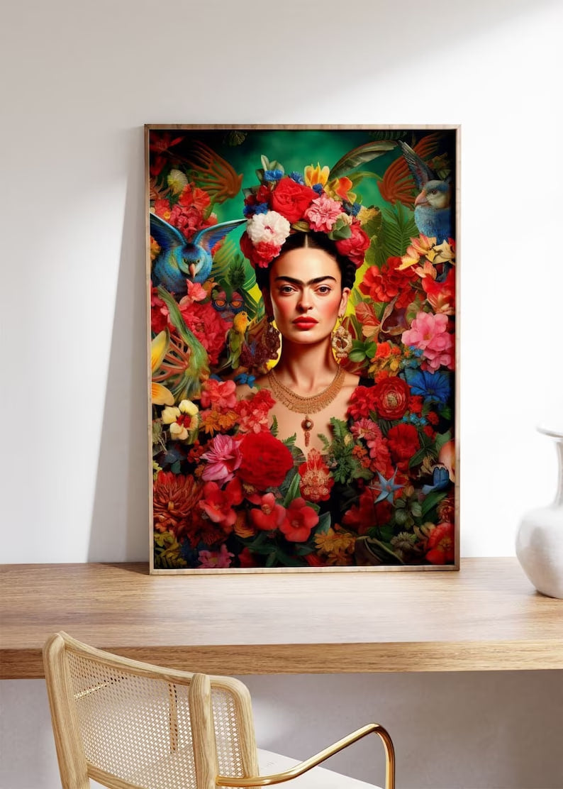 Frida Garden Poster, Tropical Wall Art, Vibrant Color, Floral Artwork, Frida Kahlo Poster, Boho Mexican Art, Feminist Icon Print, Frida Art