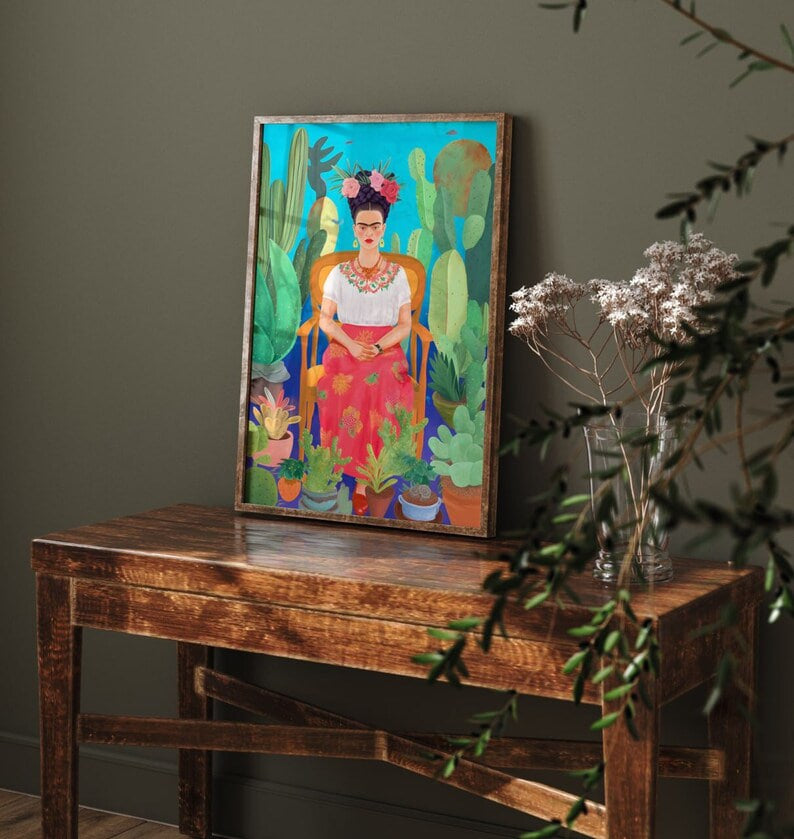 Frida Kahlo Poster, Cactus Print, Floral Wall Art, Frida Print, Feminist Icon Art |HIGH QUALITY POSTER| Green Boho Home Decor, Flower poster