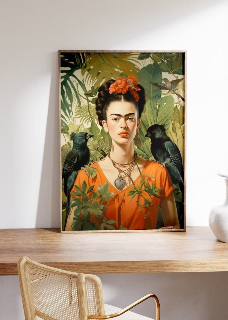 Frida Kahlo Print | Frida Kahlo Art | Jungle Botanical, Orange Green Painting | HIGH QUALITY PRINT| Home Gallery Wall | Frida Kahlo poster