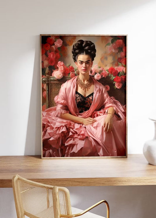 Frida Kahlo Print, Frida self Portrait, Flower Print, Pink Frida Poster, Feminist Wall Art |HIGH QUALITY POSTER| Pink Boho Home Decor