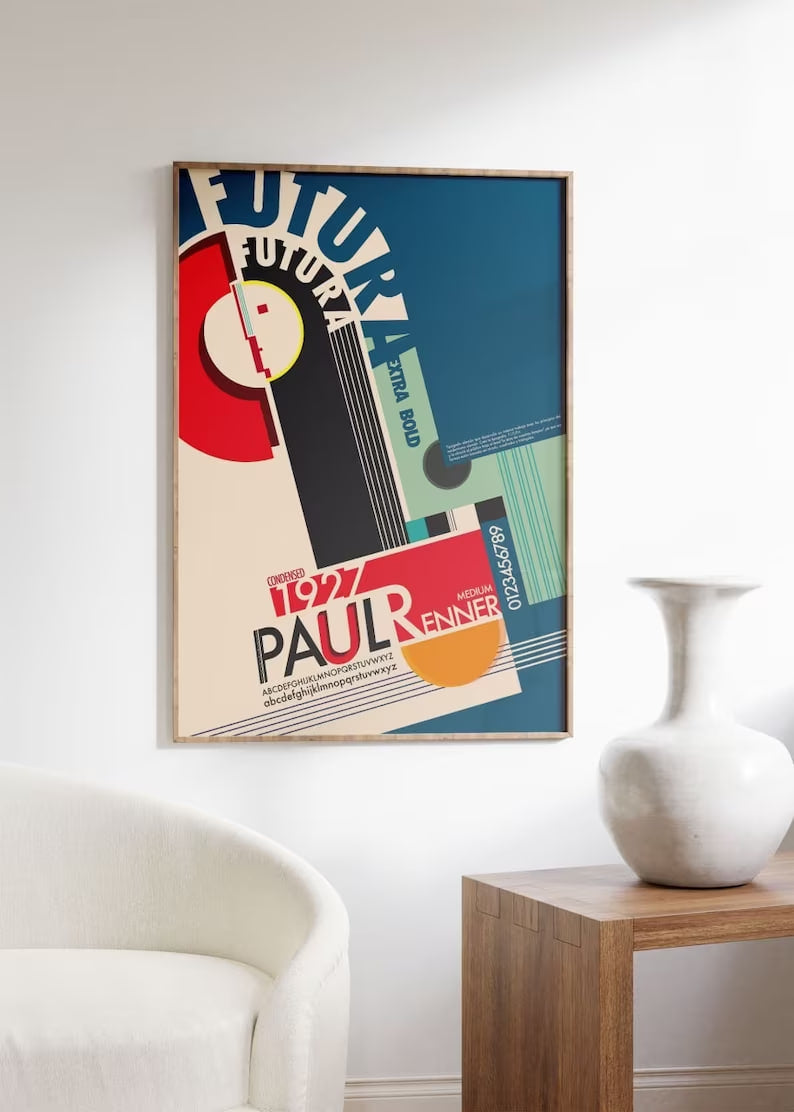 Futura Type Poster, Nordic Print, Paul Renner Exhibition Poster, Bauhaus style Poster, Mid Century Gallery Wall Art, Blue Red decor