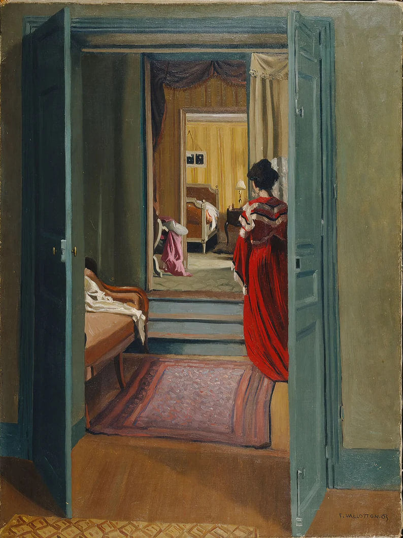 Interior with Woman in Red by Felix Vallotton - 1903  Wall art, Home Decor, Vintage Poste, Poster, Vintage, housewarming gift, Gifts for sister, Gifts for mom, Gifts for friends,Gifts, 	Art, Painting