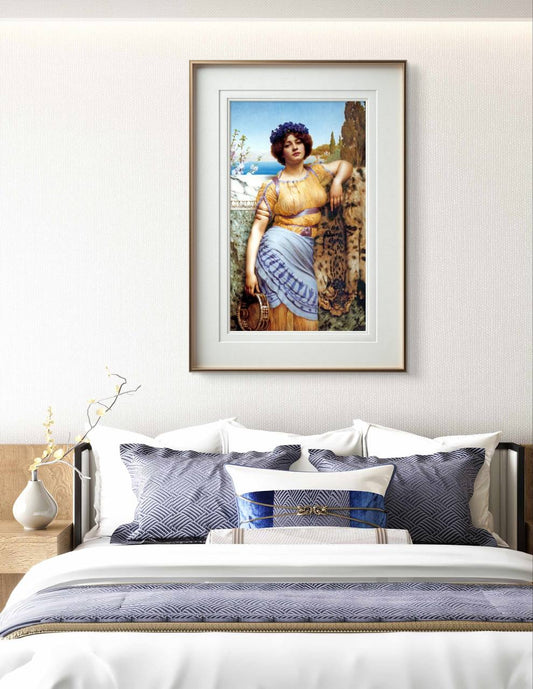 This framed "Ionian Dancing Girl" by John William Godward is the perfect addition to a sophisticated bedroom. The elegant depiction of the woman in a serene Mediterranean setting adds a sense of calm and beauty to your space. Ideal for anyone looking to enrich their home decor with classical art, this print makes a refined statement on any wall.