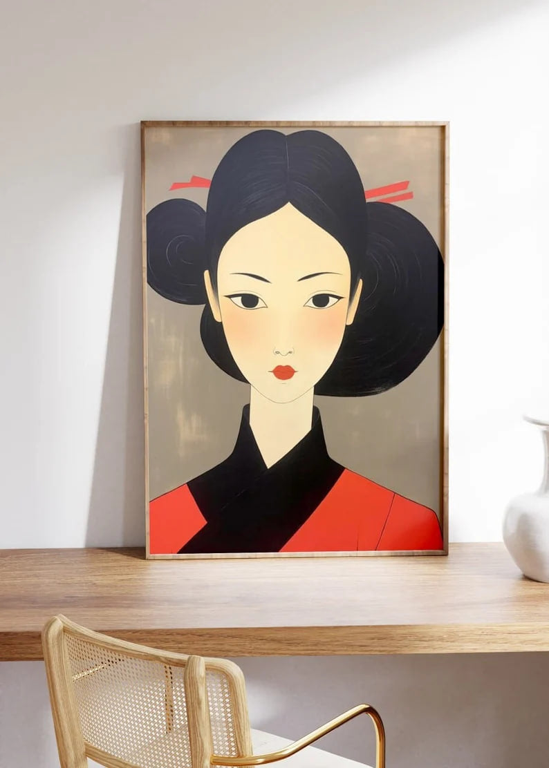 Japanese woman Poster, Ethnic Painting, Feminist Art, Cultural Inclusion, Colorful painting, HIGH QUALITY PRINT, Timeless Female Portrait Wall art, print, Poster, Housewarming, Home decor, Girl, Art print, art, Aesthetic, Gifts, Vintage, Interracial Poster, Women Power, Colorful Print, Feminism Art, Japanese Woman