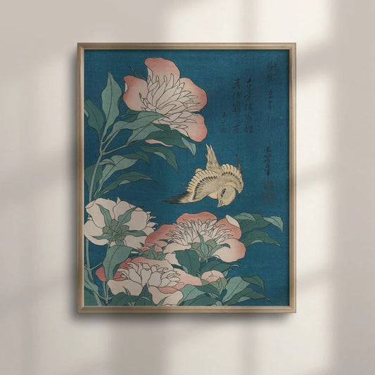 Katsushika Hokusai Ukiyo-e Art, Japanese Wall Decor, Peony and Canary 1834 Poster, Perfect Birthday Gift Idea, Traditional, C16-1221