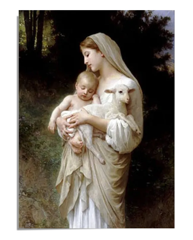 A classical painting of a young woman in a flowing white robe holding an infant in one arm and a small white lamb in the other. Her head is gently tilted downward in a peaceful expression, with a dark forested background contrasting the luminous figures. The soft lighting and delicate brushwork create a sense of warmth and serenity.