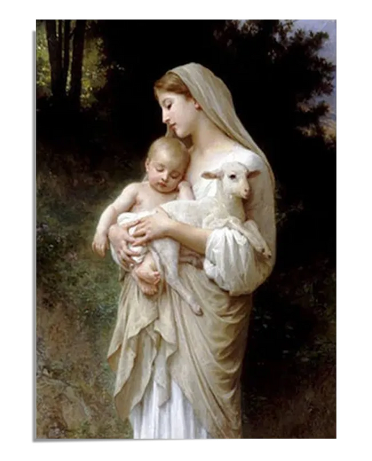 A classical painting of a young woman in a flowing white robe holding an infant in one arm and a small white lamb in the other. Her head is gently tilted downward in a peaceful expression, with a dark forested background contrasting the luminous figures. The soft lighting and delicate brushwork create a sense of warmth and serenity.