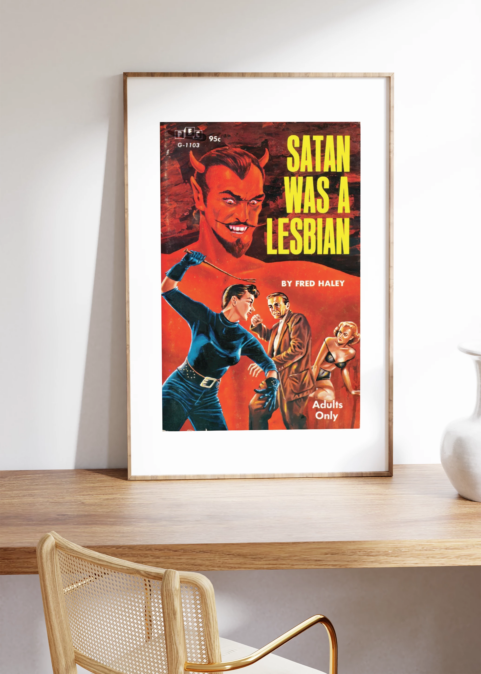 Framed poster in a desk, gift for lesbian, lesbian poster, pulp cover, vintage magazine, "Satan was a lesbian" by Fred Haley, Print poster