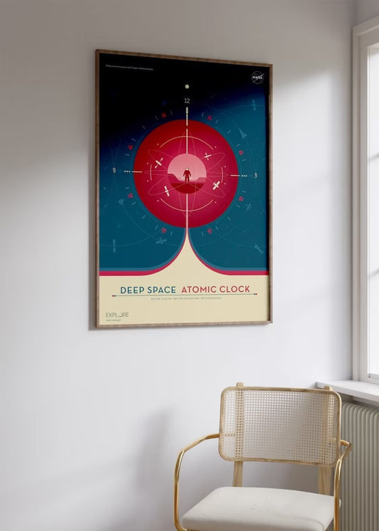 NASA Atomic Clock Print, Maximal Sunshine Poster, Red Wall Decor, Space Timepiece, Astronomic Wall Decor, NASA Painting, Retro Wall Art