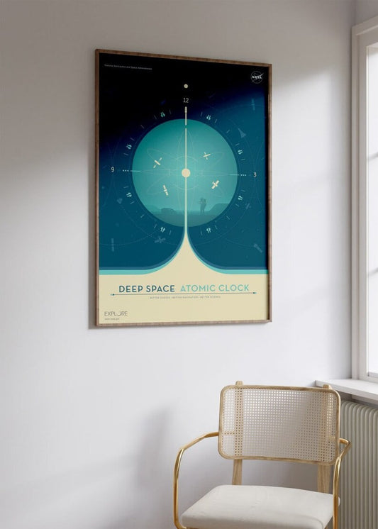 NASA Atomic Clock in Space Poster: Blue Cosmic Timepiece, Celestial Horology Art, Futuristic Space Decor, Astronomical Wall Art, SciFi Print