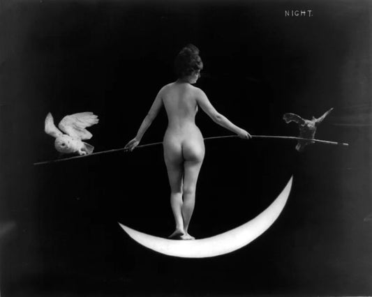 Night - Nude Woman On Crescent Moon White Dove Print Poster  Wall art, Home Decor, Vintage Poste, Poster, Vintage, housewarming gift, Gifts for sister, Gifts for mom, Gifts for friends,Gifts, 	Art