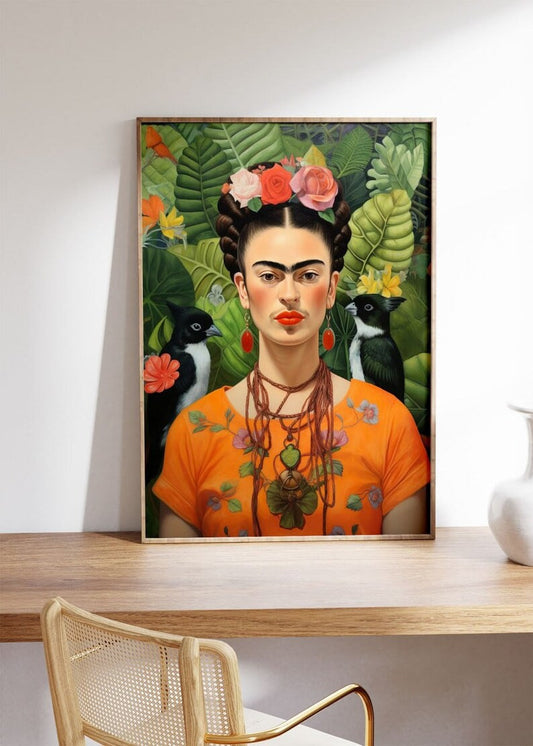 Orange Frida Kahlo Print, Frida Kahlo Portrait Poster, Frida self portrait, Feminist Icon Art HIGH QUALITY POSTER, Modern Art, Home decor