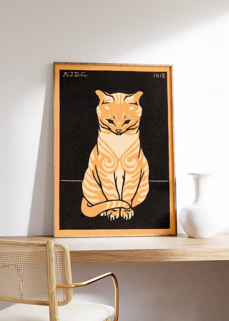 Orange Taby Cat Poster| Orange Cat Illustration,| HIGH QUALITY PRINT | Large Size | Japanese, Oriental Cat Poster | Orange Cat Print