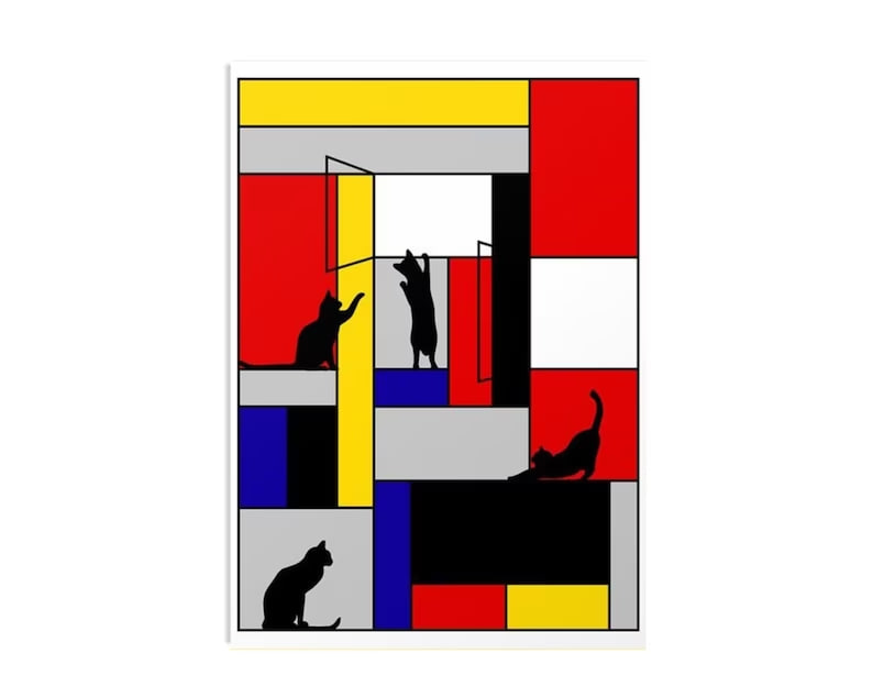 Piet Mondrian Cat Poster - Abstract Black Cat, Mondrian Cat Print, Geometric Abstraction Wall Art, Primary Colors Art, Modern Wall Decor