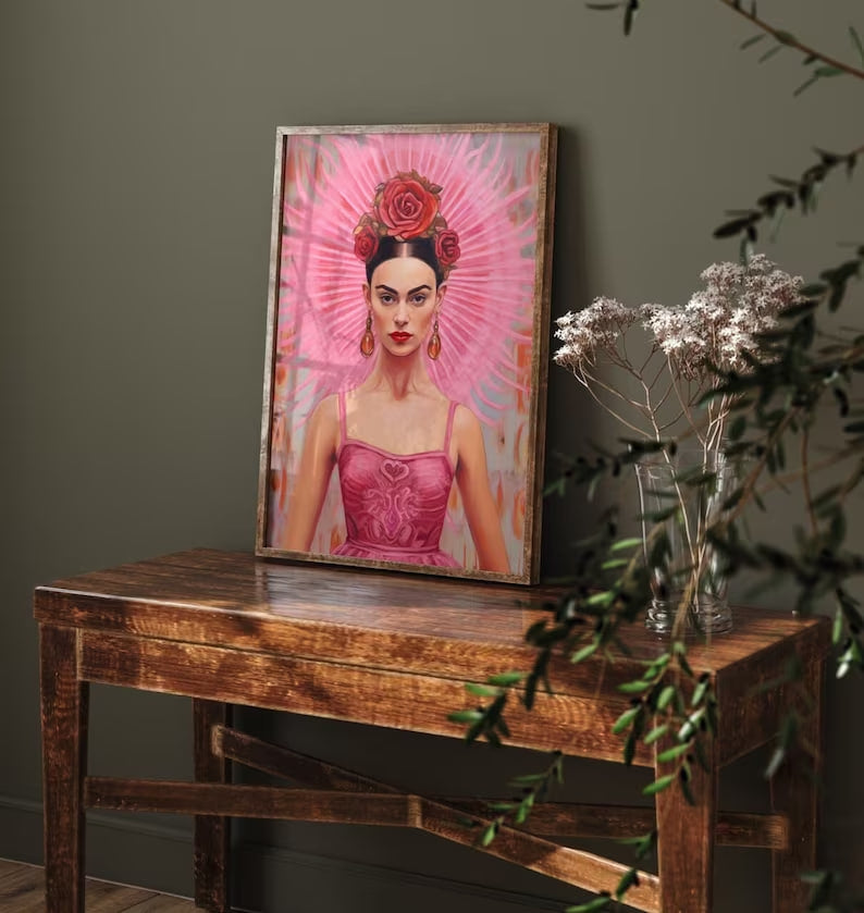 Pink portrait painting | Frida Kahlo Style | HIGH QUALITY PRINT| Home Gallery Wall Art | Inspiring woman | Maximalism decor | Trending Art
