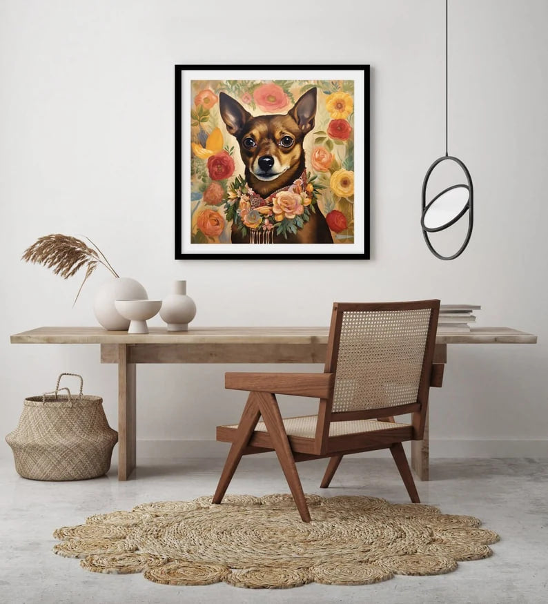 Portrait of Chiguagua with Flowers, The Chiguagua Dog, Floral painitng, Vintage Painting, Funny art, HIGH QUALITY, Flowers Wall Art