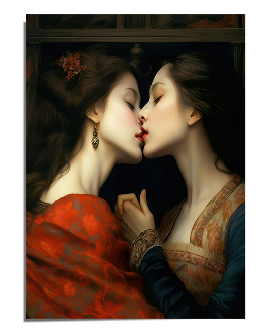 A detailed painting of two women in Renaissance-inspired gowns sharing a tender kiss. One wears a deep red floral-patterned robe, while the other is dressed in soft golden tones with intricate embroidery. Their eyes are closed as they lean in, and the background is dark blue, enhancing the intimate and timeless atmosphere of the scene.